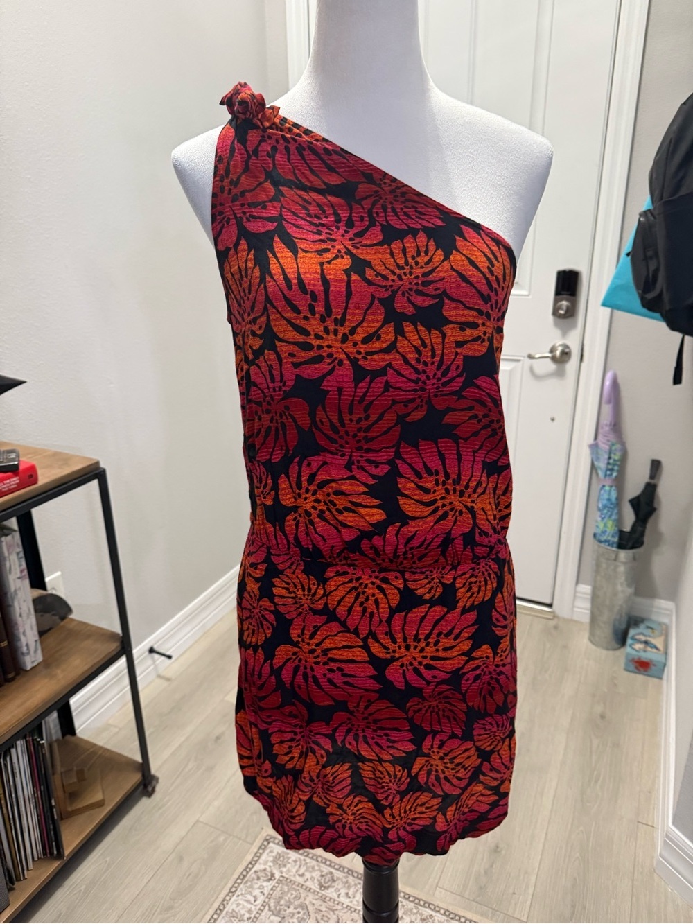 FARM Rio One-Shoulder Tropical Leaf Dress in Black, Red & Orange